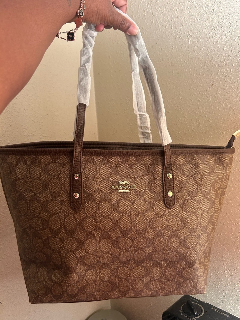 Source Unknown Brown Coach-Style Signature Canvas Tote with Dark Brown Trim